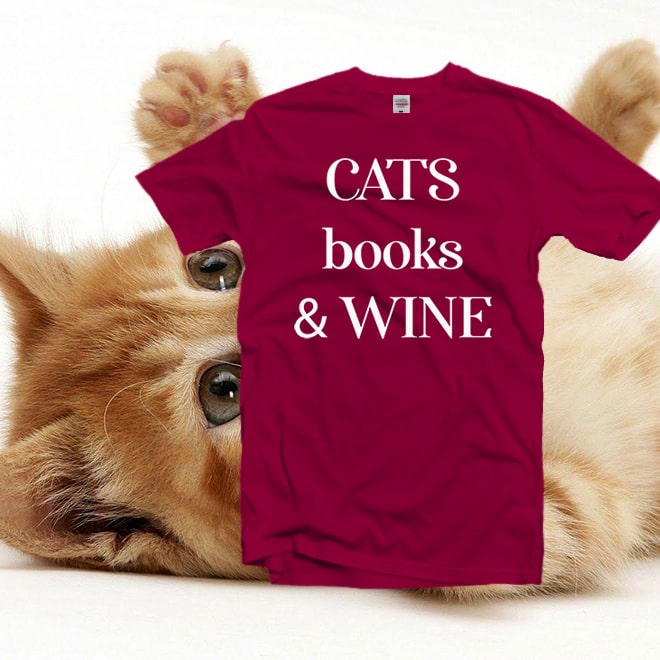 Cats books wine tshirt,cat shirt,slogan tees,cat gifts teen tshir, book gifts/