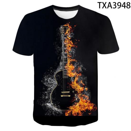 Black Guitar in Fire Tshirt