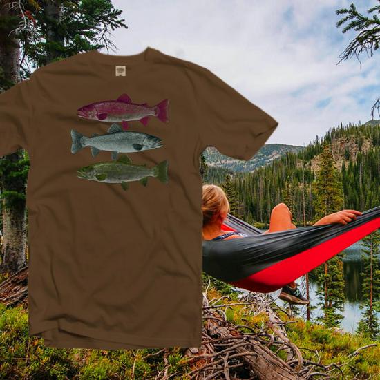 3 fish Fishing T Shirt Men ,Trout Fade ,Fisherman Gift/