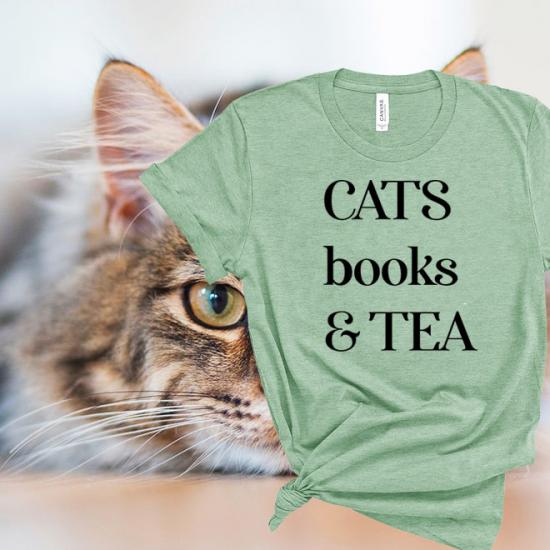 Cats books & tea tees,cat tshirt funny gifts shirt